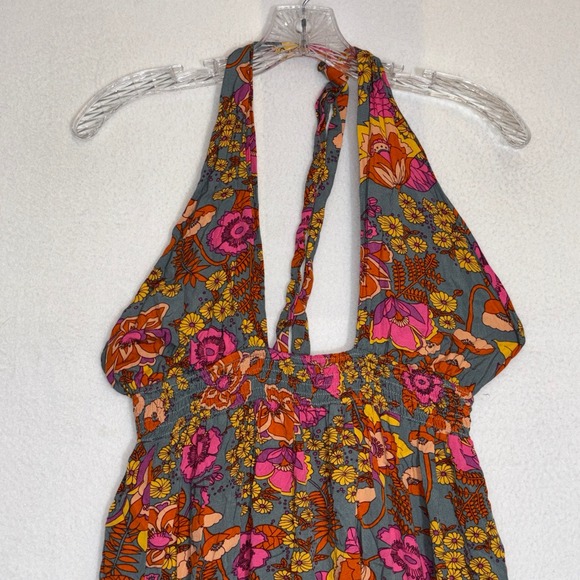 Boho Floral Halter Maxi Dress Smocked Bodice Tie Neck Flowy Vacation Resort - Picture 2 of 3